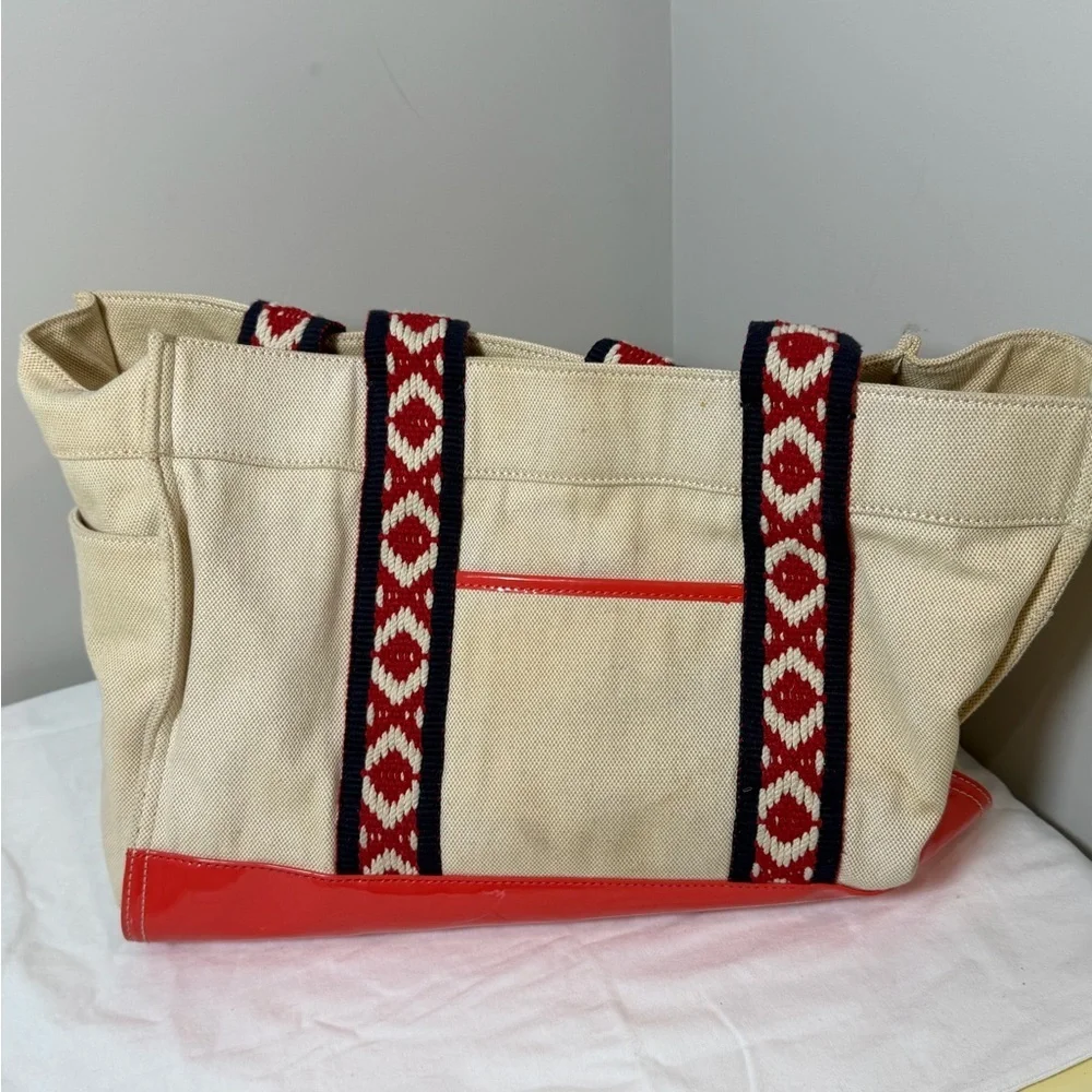 Tory Burch canvas and patent leather mini tote bag in a cream and red colorway